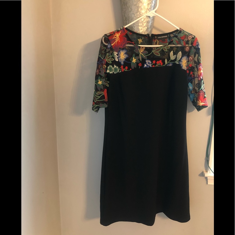 Nina Leonard Brand New Black with Flower Embroidery Dress